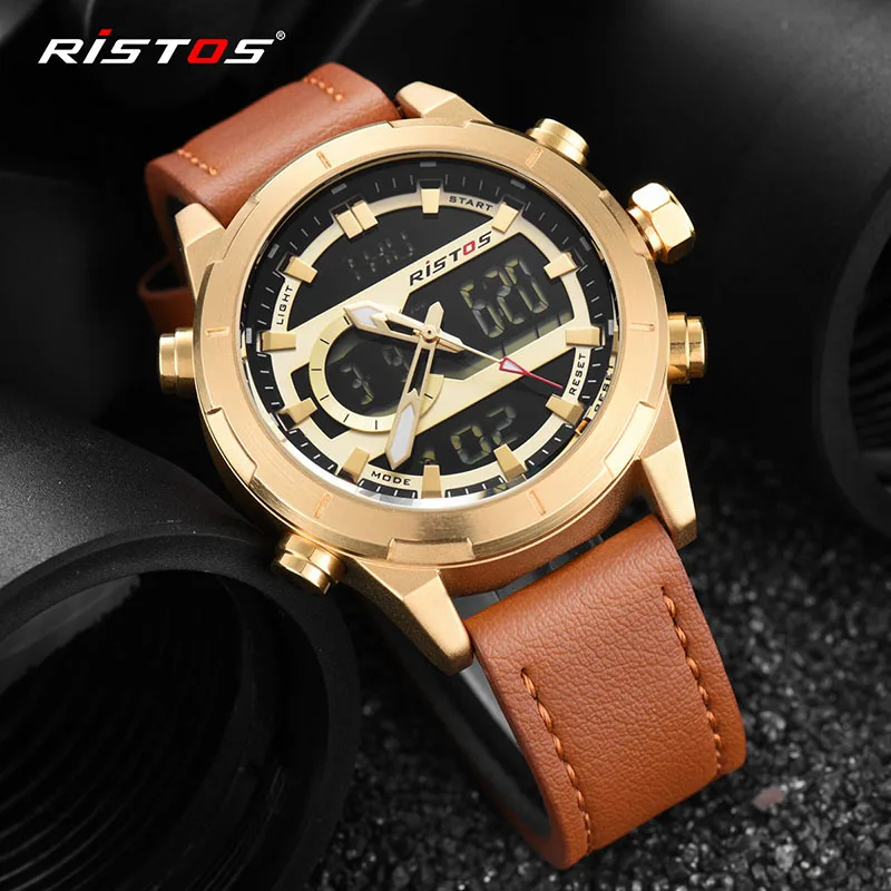 

RISTOS Analog Digital Genuine Leather Sport Watch Relojes Masculino Hombre Chronograph Multifunction Men's Fashion Watches 9342