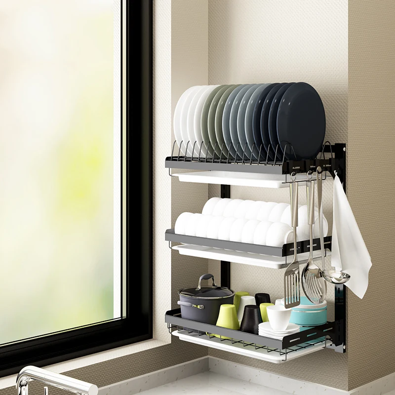 

Black Stainless Steel Dish Rack Drain Rack Kitchen Rack Wall Hanging Wall Household Dish Hanging Dishware Storage Box