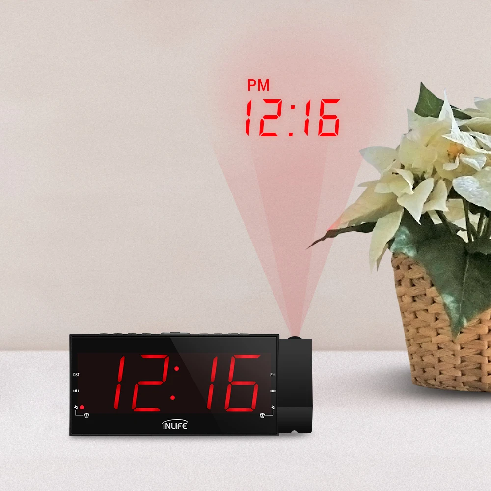 Inlife цифровой проекционный будильник с регулируемой яркостью, fm-радио 180 дюйма, ультра большой светодиодный дисплей, USB порт, поворотный на градусов, настольные настенные часы