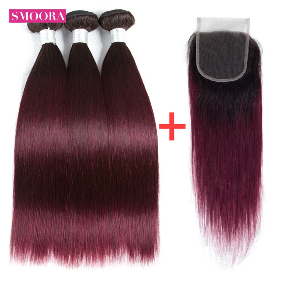 ombre straight hair 1b 99j 3 bundle hair with closure free part