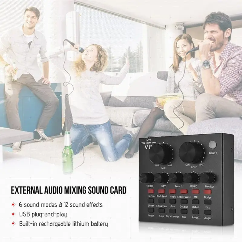 External Audio Mixing Sound Card USB Interface with Multiple Sound Effects Built-in Rechargeable Battery for Singing Recording