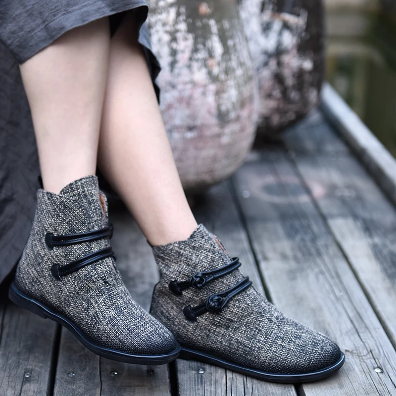 

Artmu Original Retro Folk Style Ankle Boots 2018 New Hemp Women Boots with Flat Soles Handmade Fall and Winter Boots 268-5