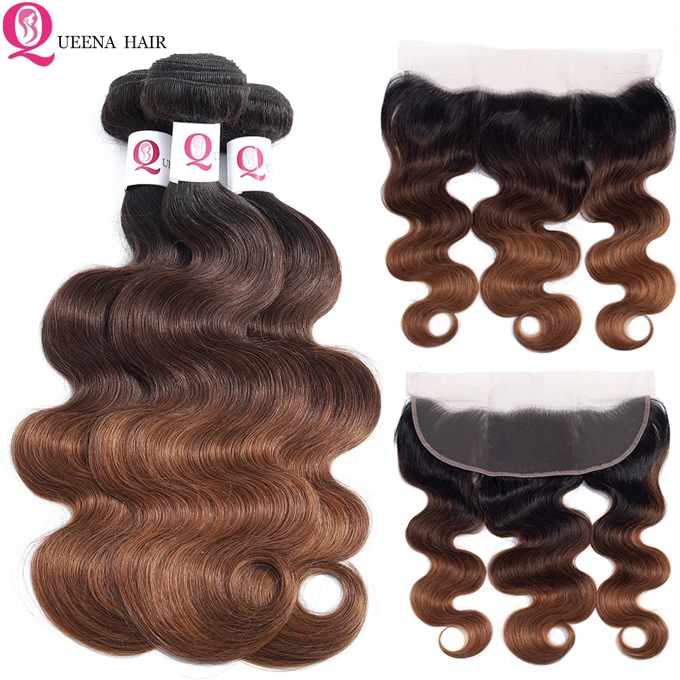 

TOP 1B/4/30 Three Tone Ombre 3 Bundles With Frontal Closure Remy Peruvian Body Wave Colored Human Hair Bundles With Lace Frontal