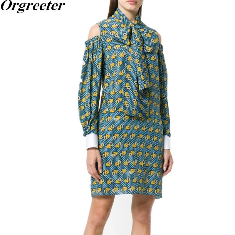 

Brand Design Women High Quality Strapless Lantern Sleeve Bow Collar A-line Dress Noble Love Heart Lock Printed Chiffon Dress