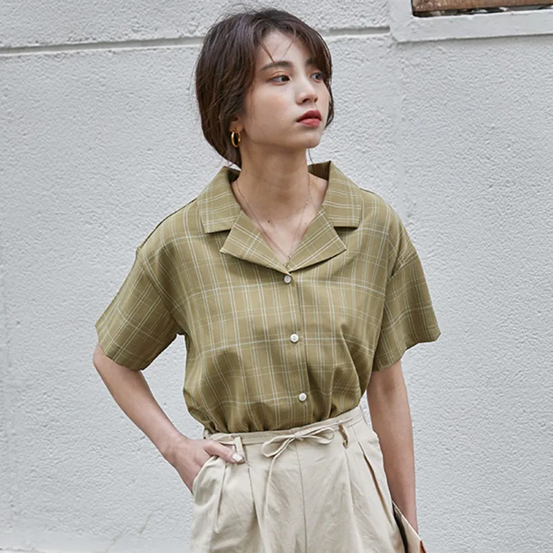 

Sexy Women V-Neck Blouse Button Up Plaid Blouse Tops Fashion Casual Loose Short Sleeve Blouses