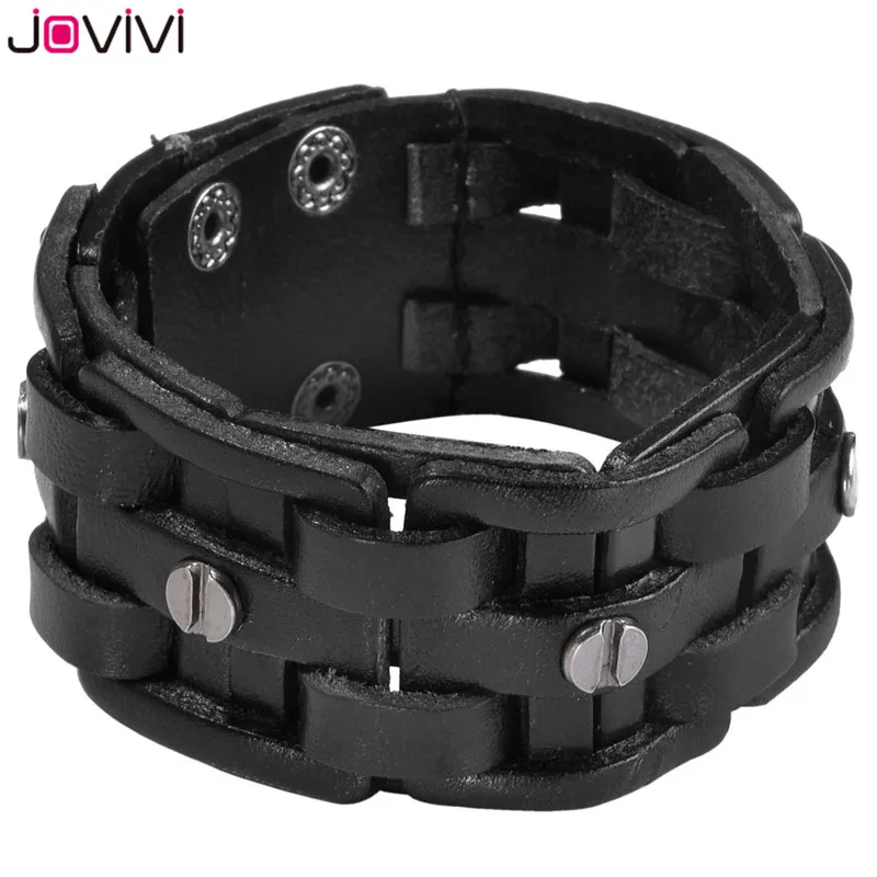 Men Genuine Leather Wide Bracelet Cuff Braided Wristband Bangle Cool Punk Gothic
