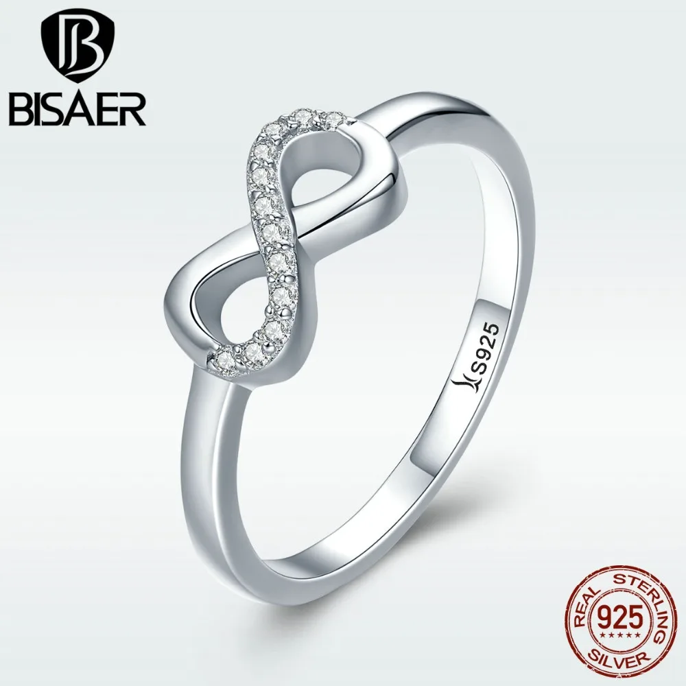 

BISAER Genuine 925 Sterling Silver Clear CZ Infinity Love Geometric Finger Ring for Women Match Sterling Silver Jewelry GXR332