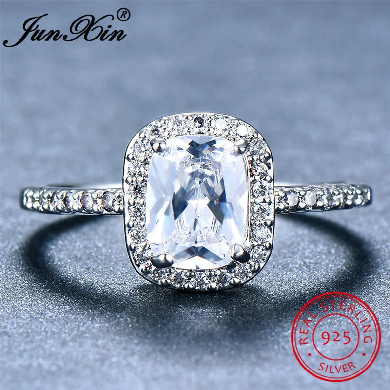 JUNXIN 100% Real s925 Sterling Silver Square Rings For Women Purple Green White Blue Zircon Rainbow Birthstone Ring Wedding Gift