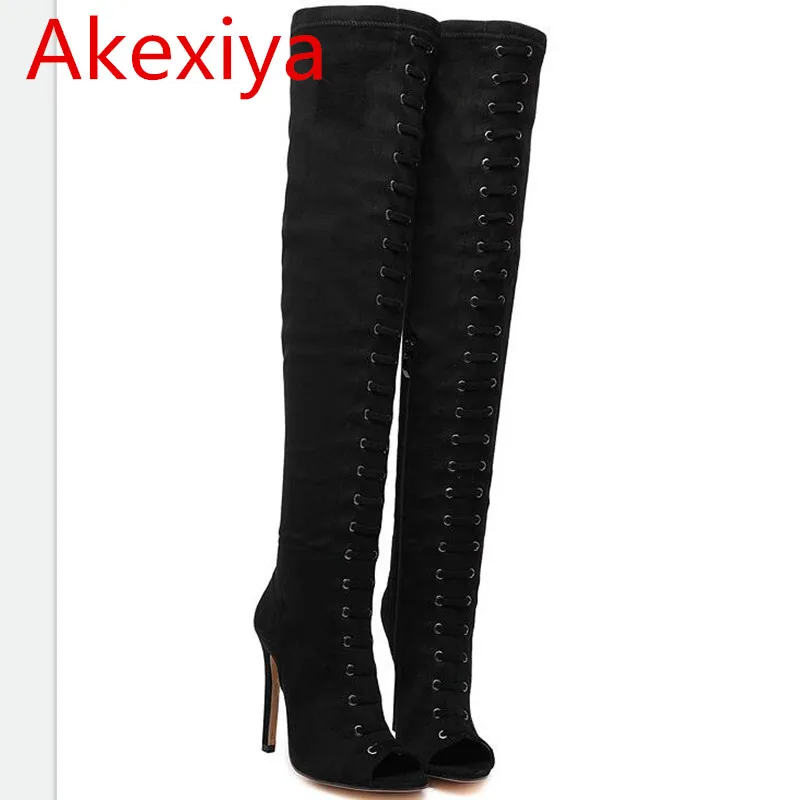 

Akexiya Women Boots High Heels Over The Knee Boots Prom Shoes Ladies Thigh High Boots Black Women Pumps Peep Toe Long Boots