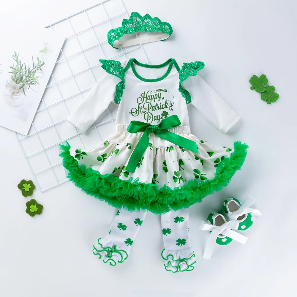 

5pcs/set st.Patrick's Day Baby Girls Shamrocks Clothing Set Green Romper Long Sleeve Jumpsuit tutu Skirt Newborn Infant Clothes