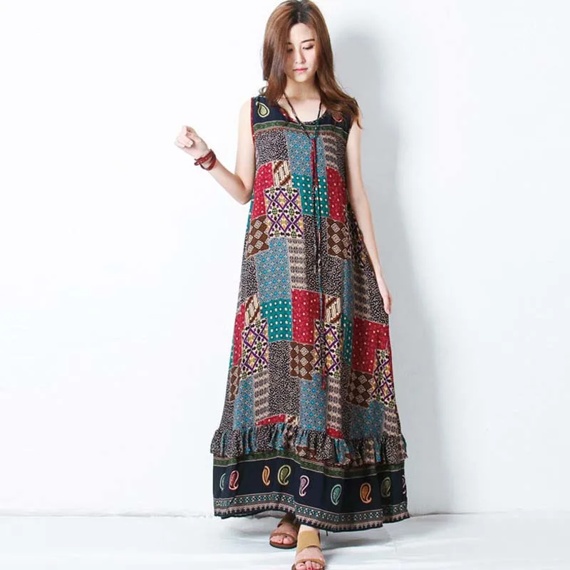 

Women's long sleeveless cotton and linen bohemian dress