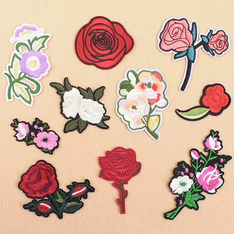 

Rose Embroidered Iron on Patches for Clothing DIY Stripes Clothes Patchwork Sticker Custom Flowers Applique 10 pcs/lot