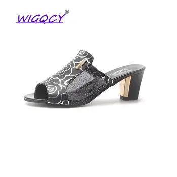 

Plus size 43 Print Gingham High heel slippers women Summer shoes Fashion Bling Mesh Slides Elegant Peep Toe Shallow female shoes