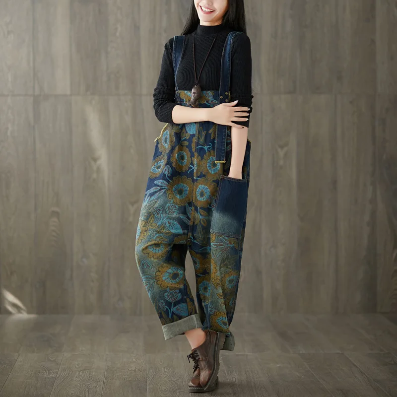 

Johnature Women New Floral Print Blue Jumpsuit 2019 Autumn And Winter Casual Vintage Pockets Plus Size Jumpsuits Women Trousers