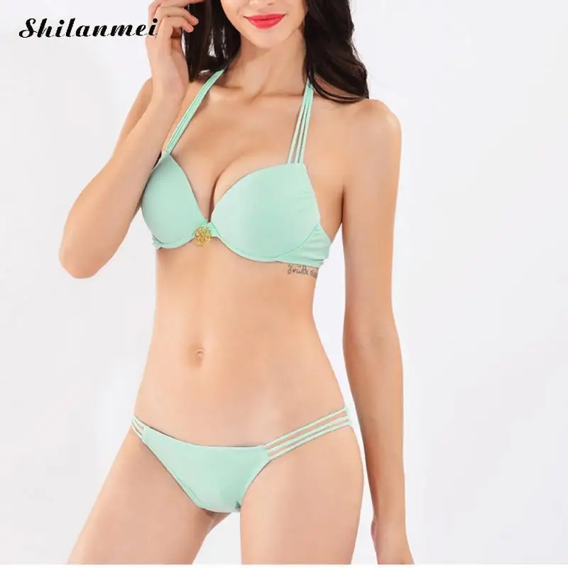 

2017 Summer HOT Sexy Girls Push Up Bikini Set Graceful Lady Underwire Swimwear Women Vintage Mint Triple Straps Halter Swimsuit
