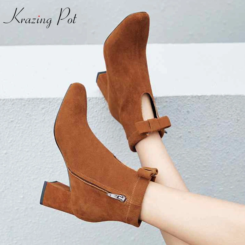 

Krazing Pot 2018 sheep suede square toe zipper art design shoes thick heel concise bowtie decoration keep warm ankle boots L26