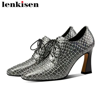 

Lenkisen young lady beauty grain sheep leather design lace up vintage square toe high heels solid european model style pumps L10