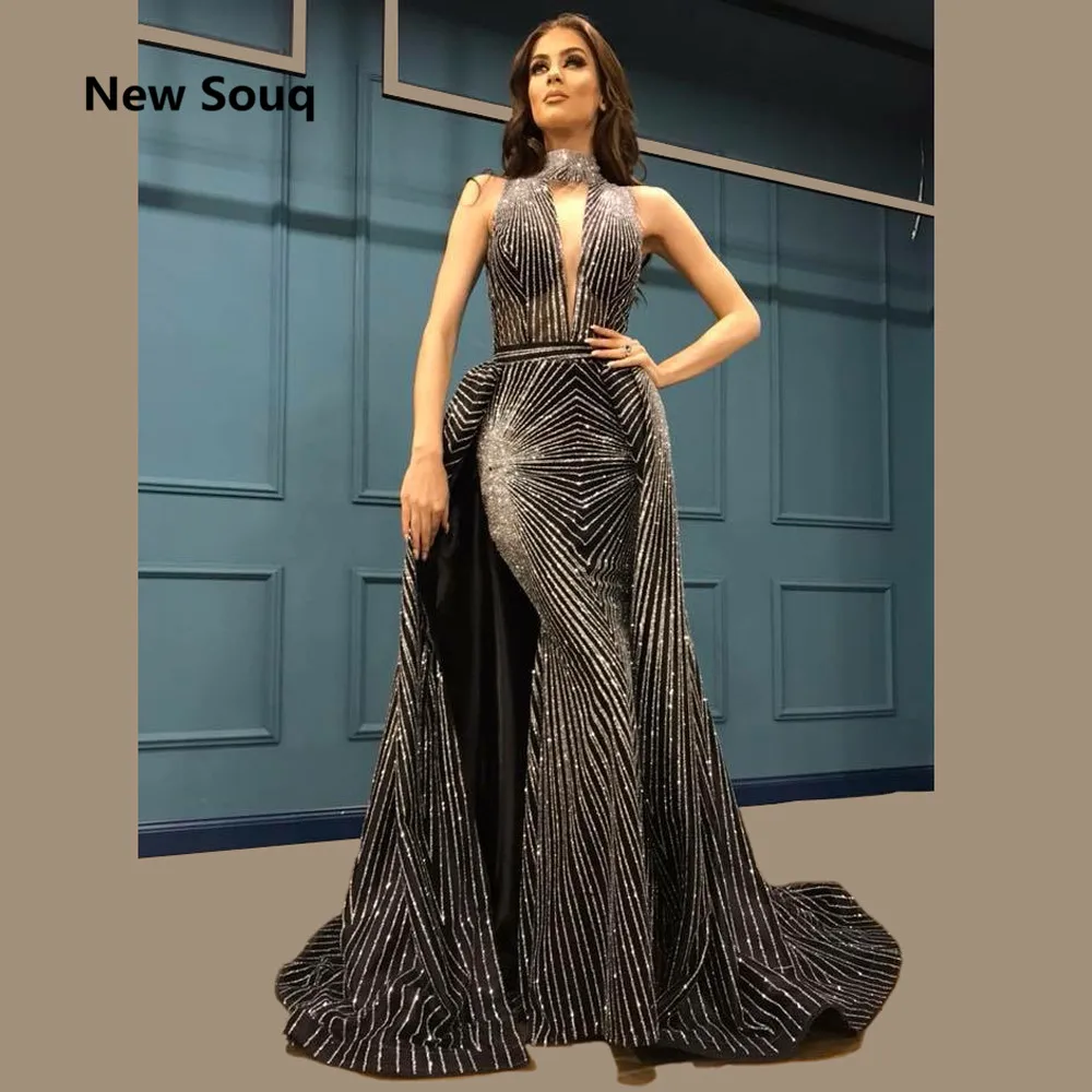 Prachtige Pailletten Black Satin Avondjurken met Afneembare Rok Arabische Dubai Avondjurken 2019 Hoge Hals Mermaid Prom Dress Prachtige Pailletten Black Satin Avondjurken met Afneembare Rok Arabische Dubai Avondjurken 2019 Hoge Hals Mermaid Prom Dress