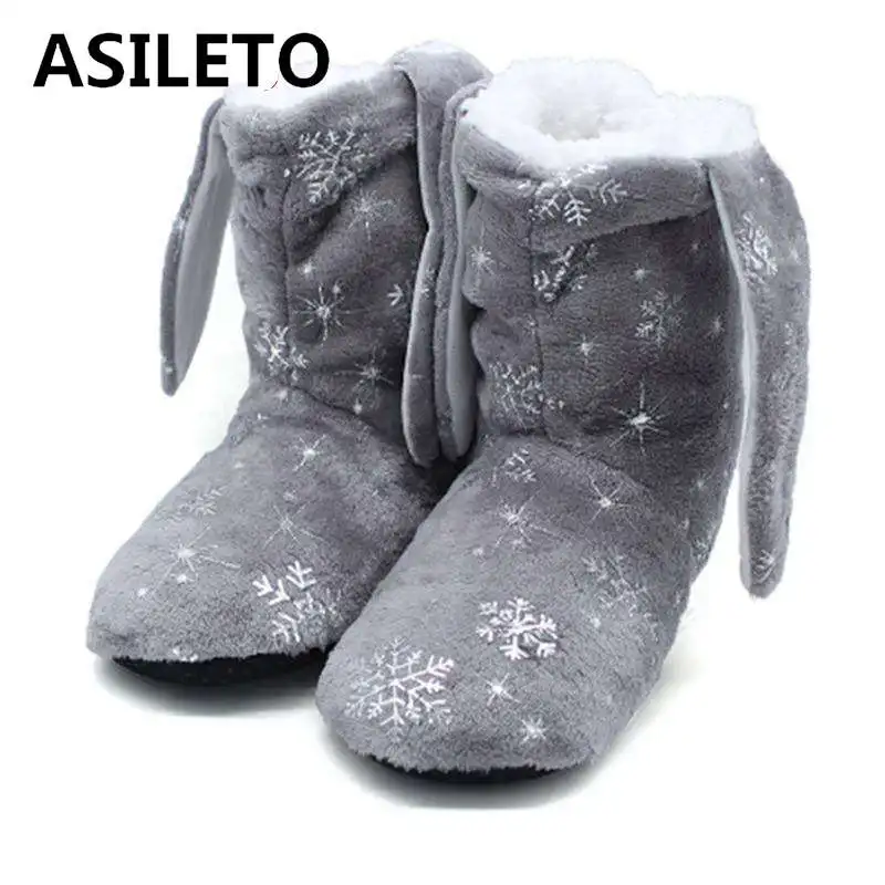 

ASIELTO Winter Shoes women Warm fur Boots Slip on floor shoes Rabbit ear flip flops Round toe fleece snowflake home booties bota