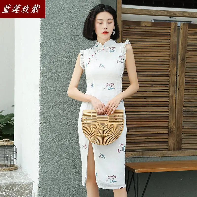 

Women printed summer qipao chiffon dresses ladies retro chinese style sleeveless slim split temperament print cheongsam dress