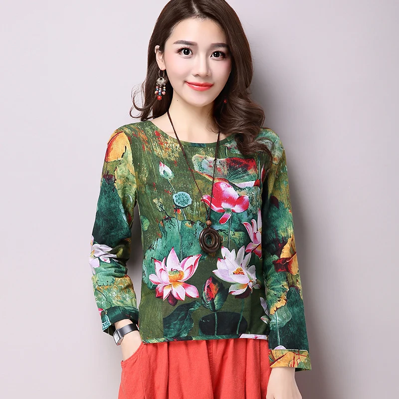 

Vintage Ethnic Lotus Printing Cotton Linen Shirts Women's Flax Blouse Long Sleeve Flower Print Shirts Summer New