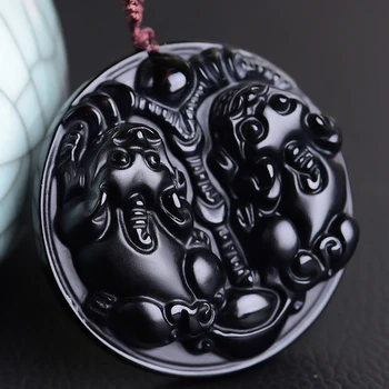 

W Natural black stone double brave troops Pendant necklace