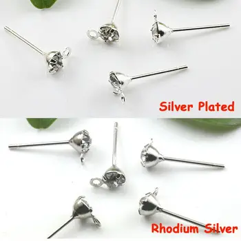 

Fashion Stud Earrings 200pcs Wholesale Silver Plated-Rhodium Silver Ear Studs with Embedded Rhinestone&a Hoop for DIY Jewelry