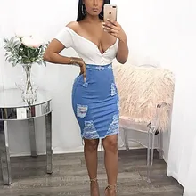 Elastic high waist ladies jeans tight denim skirt Slim jeans fashion hot denim skirt sexy ladies casual denim skirt female skirt destroyed fishnet insert fray trim denim skirt