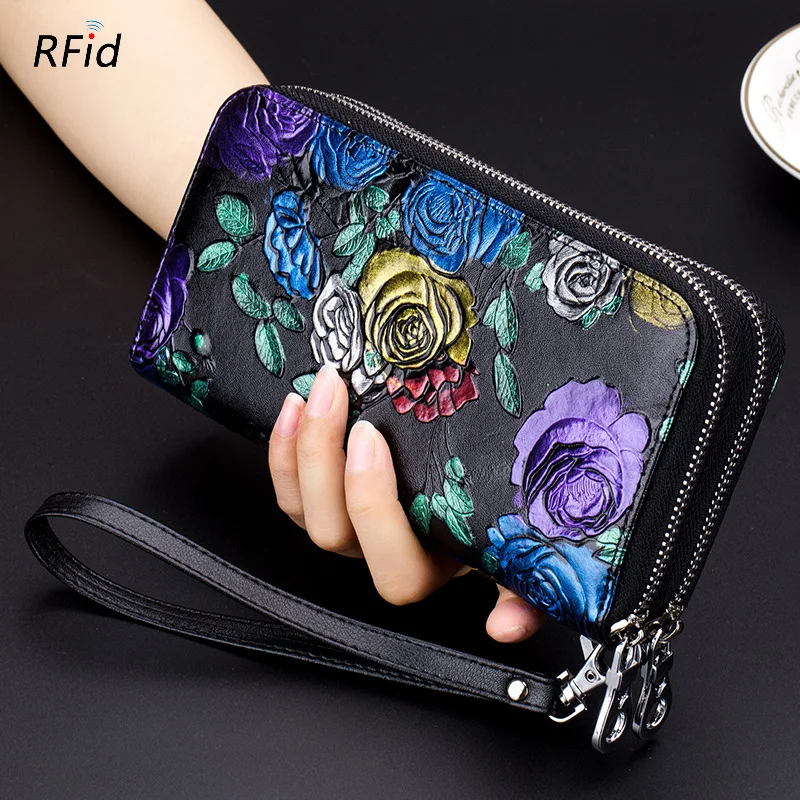 

RFID Beautiful Rose Flowers Double Zippers Women Clutch Luxury Thicken Cowhide Long Purse Elegant Genuine Leather Women Wallets