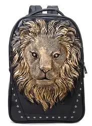 Рюкзак из искусственной кожи с заклепками в стиле панк, Мужская 3D Голова Золотого Льва, рюкзак, наклейки для путешествий, сумка для