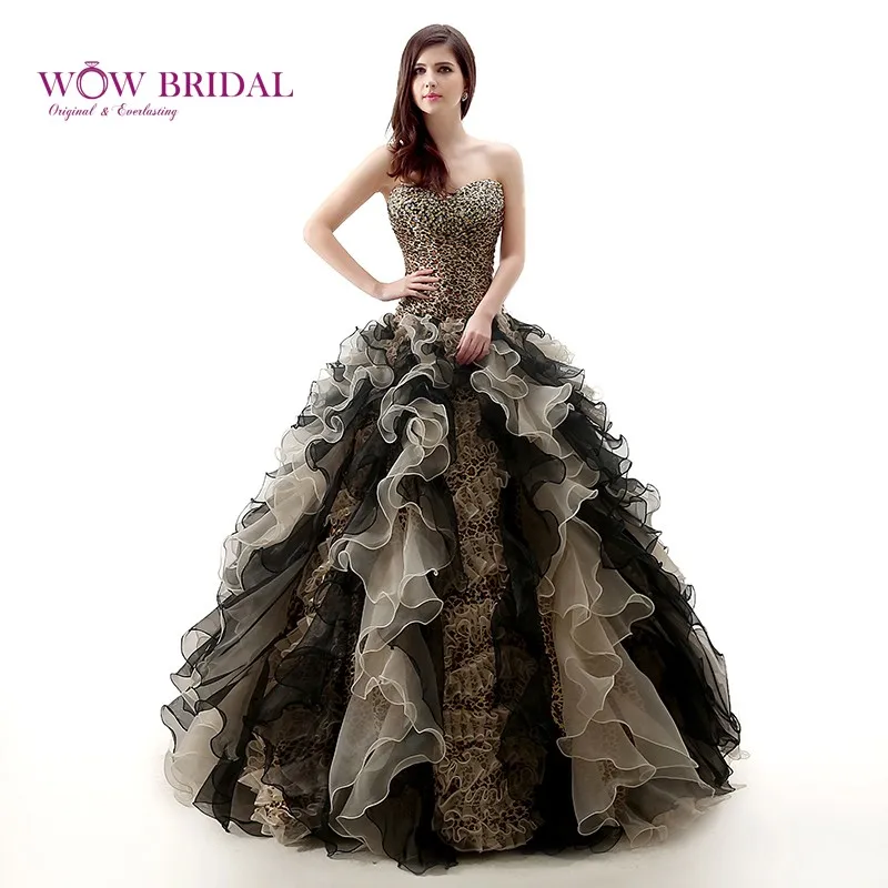 Wowbridal Сексуальная Печати Леопарда Quinceanera Платье Без Бретелек Блесток Бисера Органзы Многоуровневое Ruffles Бальное платье для 18