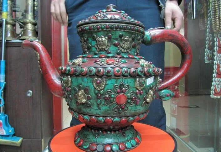 

S0658 13 Nepal Copper Bronze inlay coral turquoise flagon Teapot wine pot D0318
