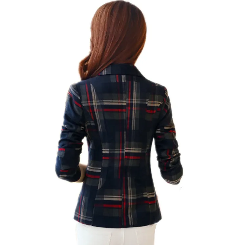 Для женщин клетчатый блейзер и куртка Тонкий женский длинный рукав короткая куртка, костюм, на одной пуговице, Повседневное офисный Блейзер Femme