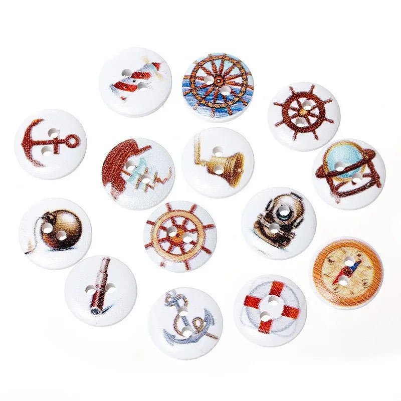 

50pcs 15mm anchor/rudder/ship Painting Wood Sewing Buttons Scrapbooking Round 2 Holes Mixed For handmake PD00329-4X