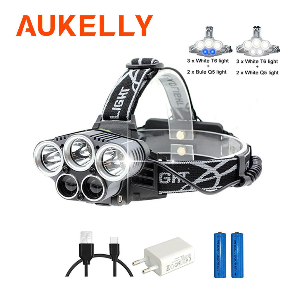 

Aukelly USB Rechargeable Headlamp 50000lm 3*T6+2*Q5 LED Headlight Fishing Flashlight Torch Head Lamp 18650 Hunting Lantern Light