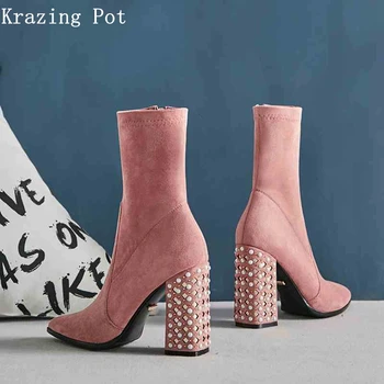 

Krazing pot velvet flock pearl plus size rivets stretch boots thick heels pointed toe party superstar winter mid-calf boots L13
