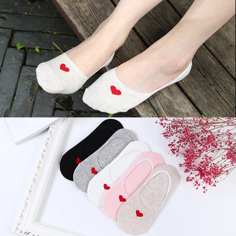 5 пар/лот женские нескользящие носки с сердечками тапочки милые носки-невидимки из хлопка летние нескользящие носки-башмачки сердце