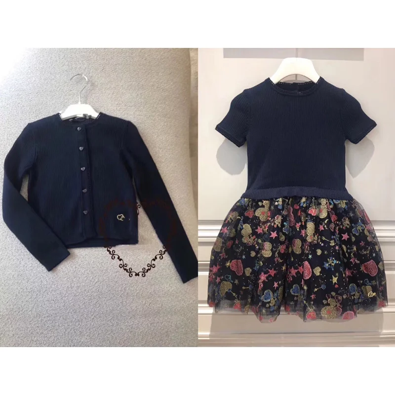 Осенне-весеннее черное платье для вечеринки для маленьких девочек эксклюзивное разноцветное платье принцессы с цветочным узором в форме сердца для девочек, вязаное платье, одежда