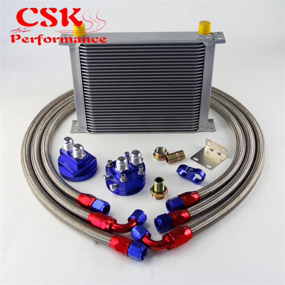 

30 Row AN10 Universal Engine Transmission Oil Cooler British Type + Filter Adapter Kit Silver/Blue/Black