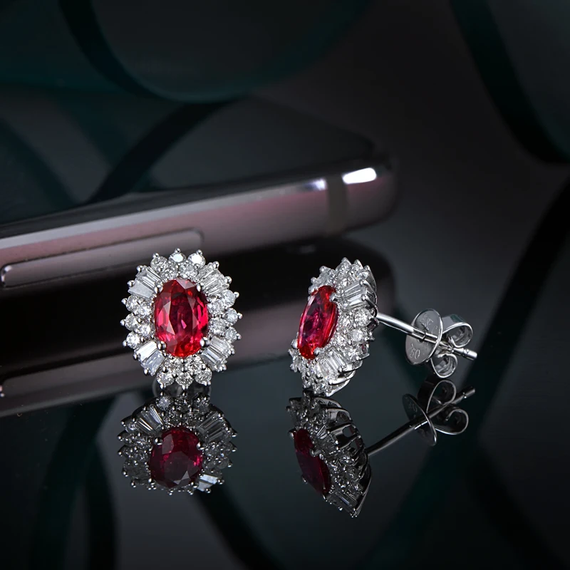 Caimao 1.18ct Red Ruby Earrings with 0.62ct H SI Diamond 14kt White Gold Exquisite Studs
