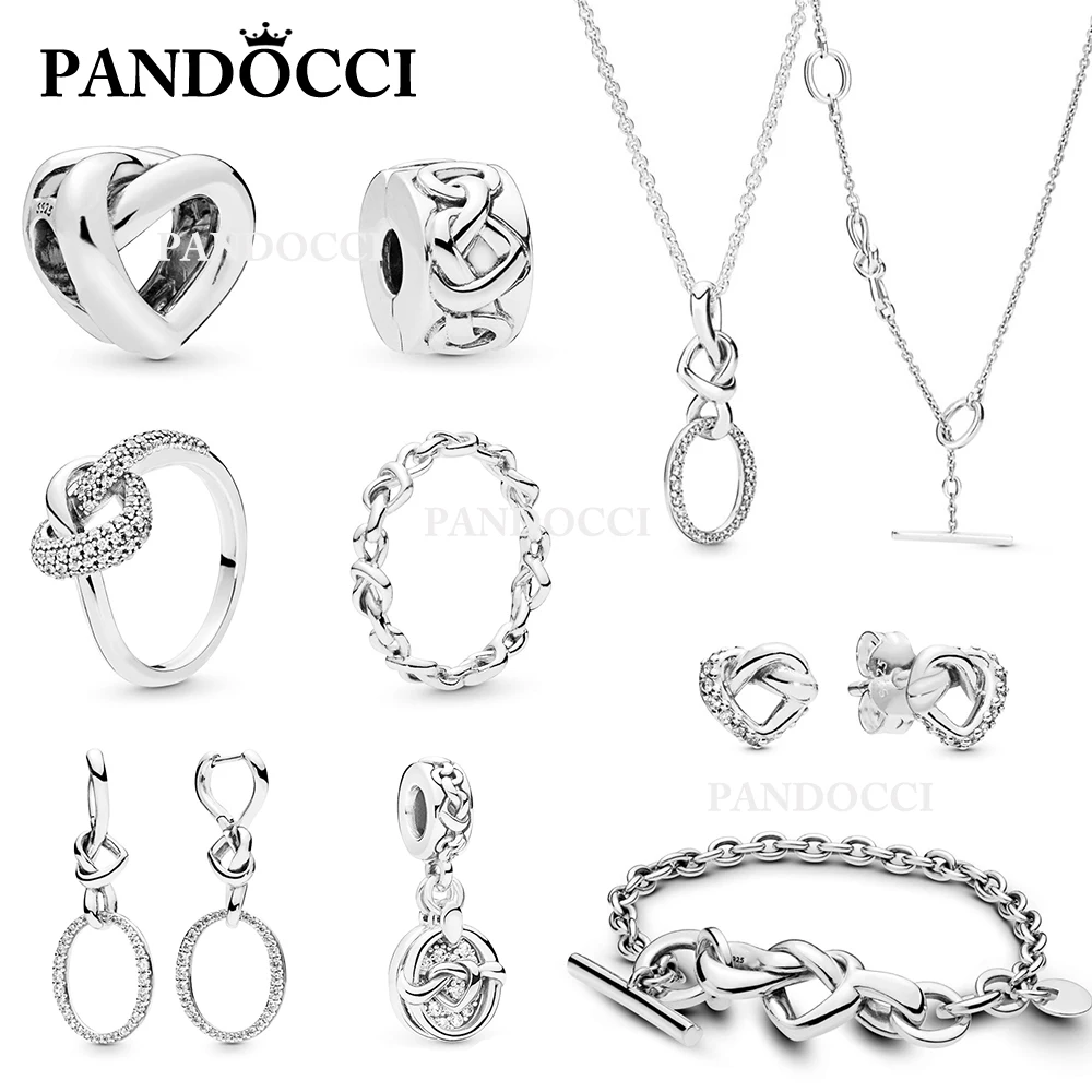 

PANDOCCI 100% 925 Sterling Silver Knotted Hearts Ring Stud Earrings Necklace Bracelet Beaded Charm Mother's Day Fashion Gift