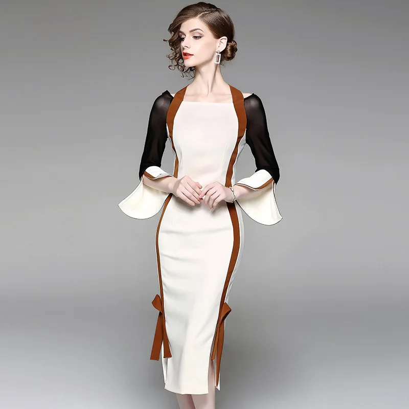 

Multiflora Modis Office Dresses Ladies 2018 White Slash Neck Bodycon Pencil Woman Dress Elegant Long Sleeve Autumn Dress Girls