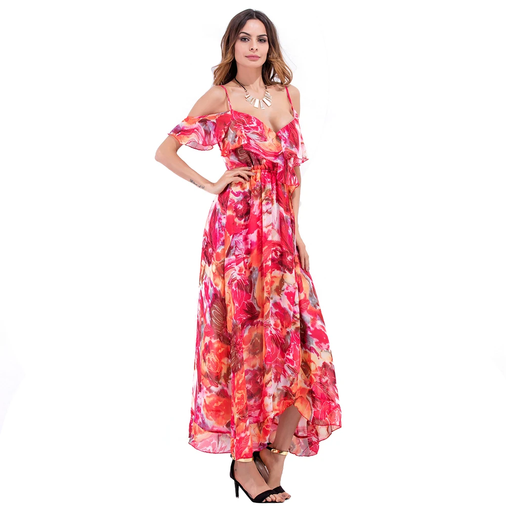 Bohemian Beach Maxi Dress 2017 Hot Summer Sexy Slip Off The Shoulder Ruffles V Neck High Waist