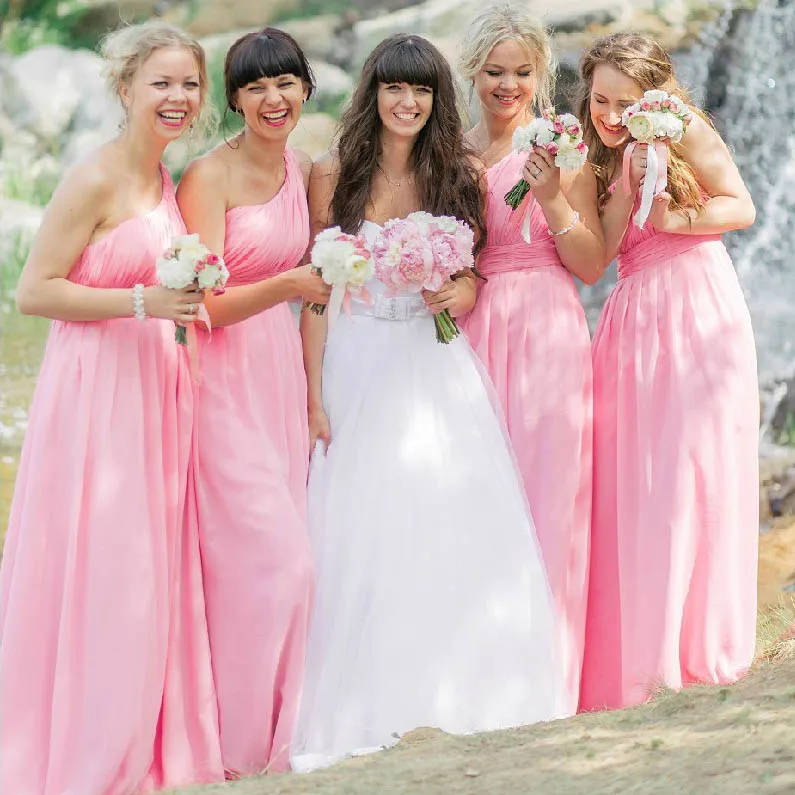 New Bridesmaid Dresses One Shoulder Pink Chiffon Pleats Wedding Party