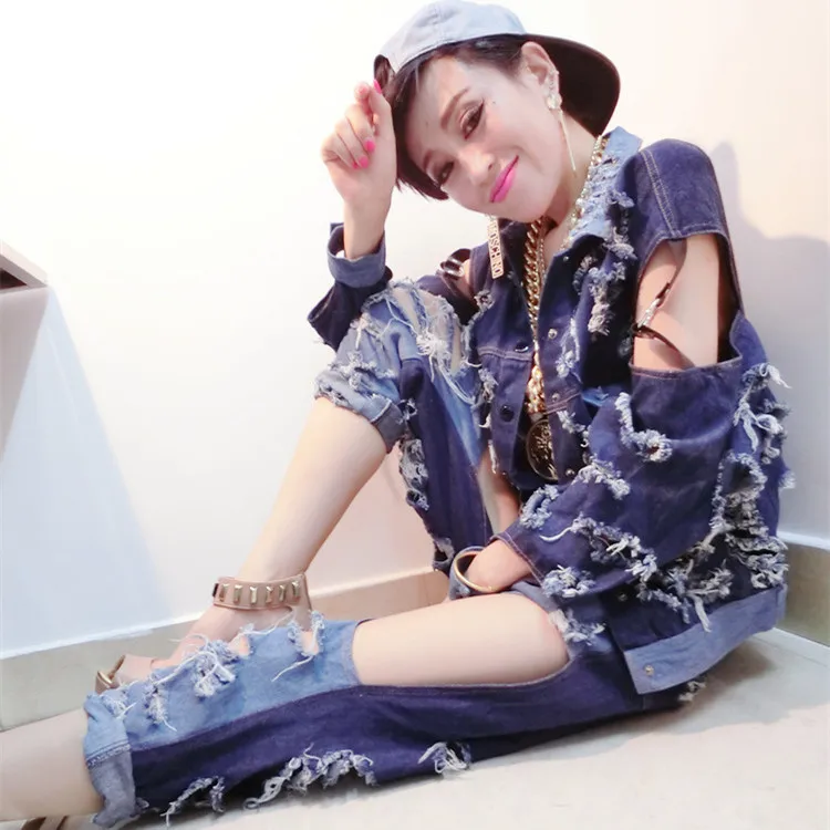 

Wholesale New Fashion Ds costume dj female singer jazz dance costumes Pant and Coat Two-piece Sets hiphop cool denim set