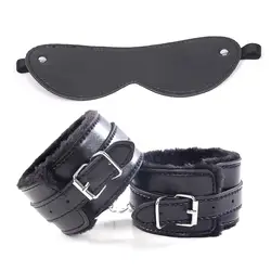 Новые сексуальные регулируемые PU кожаные плюшевые наручники лодыжки манжеты и маска бондаж секс-игрушки ограничения секс-бондаж