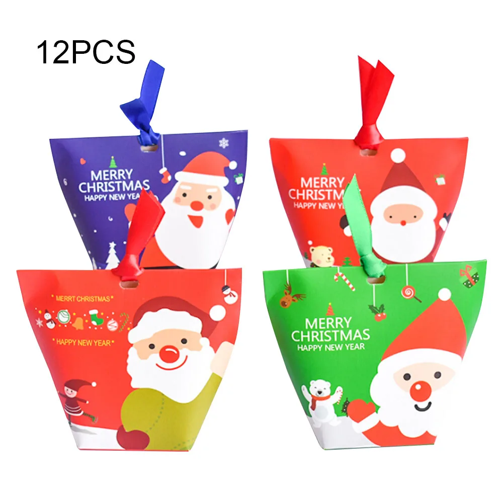 

12pcs/set Christmas Gift Box Apple Gift Box Christmas Decoration For Home Santa Claus Pattern Leather Rope Candy Paper Bag