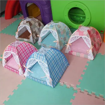 

Fiber Bracket Lace Pet Tent Summer Breathable Printing T/C Pet Tent Kennel Cat Litter with Cushion Pet Dog Nest Windproof House