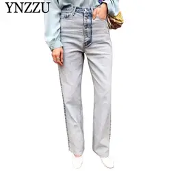 YNZZU винтажные осенние женские джинсовые пуговицы с высокой талией свободные Промытые повседневные женские джинсовые брюки 2019 горячая