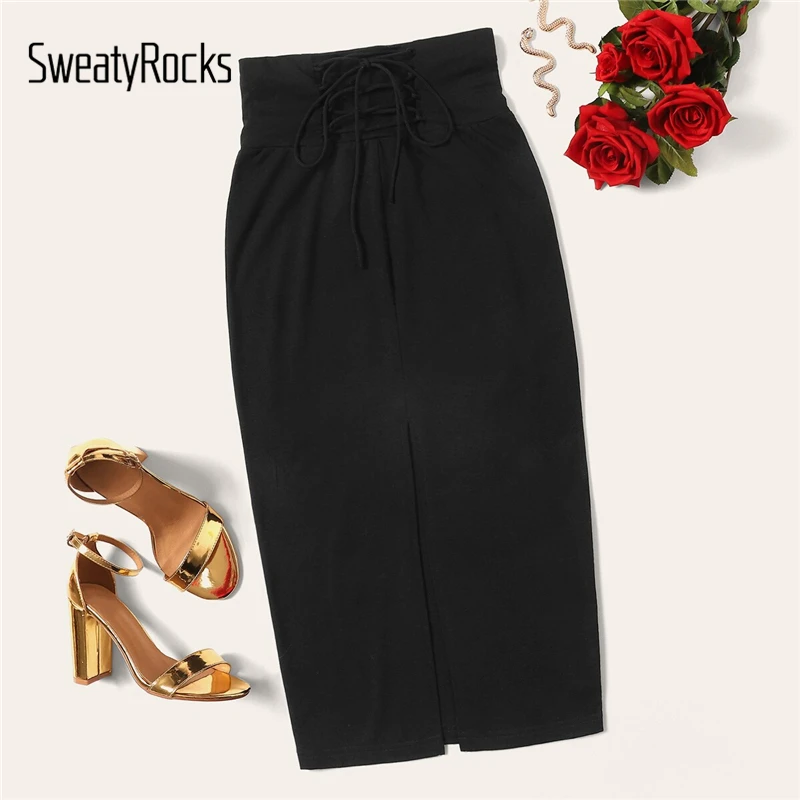 

SweatyRocks Black Lace Up Wide Waistband High Split Skirt Women 2019 Summer High Waist Pencil Skirts Womens Elegant Solid Skirt